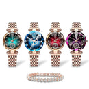 Four rose gold tone women's watches with faceted, diamond-cut crystal faces in teal, blue, red, & purple. Features "Meibin" branding, sub-dials, and a matching stone-set bracelet. Graphic design on white.