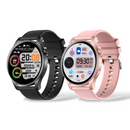 Graphic design of two KC88 smartwatches. Black model has a black strap, pink model has a rose gold bezel and pink strap. Both feature round AMOLED displays showing time, heart rate, steps, and weather, in a modern fitness tracker style.