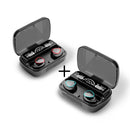 Graphic design showing two black M10 Bluetooth 5.0 earbuds in open charging cases. Each case has a digital '100%' battery display, 'Be Loud', 'Be Proud' text, and black earbuds with red or blue accents. Glossy plastic.