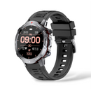Smartwatch G102 with black silicone strap, silver rugged metallic case with red accents, on white. Round digital screen shows 09:00, date, heart rate, steps. Features "BACK" and "SPORT" buttons. Graphic design.