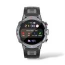 Smartwatch G102 with 1.39" round display, dark grey rugged bezel, black textured silicone strap. Shows 21:30, 70% battery, 104 BPM, 15°C. Side buttons read 'BACK' & 'SPORT'. Product rendering on white.