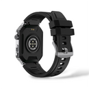 Reloj Inteligente G106: Black smartwatch with a rugged design, shown from the back. Features a textured black silicone strap, silver metal case, and a prominent optical heart rate sensor array on its black plastic underside. Graphic design.