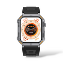 Rugged Reloj Inteligente G106 with black rubber strap & silver-grey case, orange accents. Display shows 16358 steps, 785 kcal, 10:09 time, heart rate, 28°C. Side buttons marked WATER RESIST, POWER, SPORT. Graphic design.