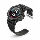 Black rugged smartwatch with a round digital screen showing 16:25, steps, kcal, bpm, & 100% battery. Features "SPORT WATCH" & "WATER RESIST" text, a textured silicone strap, and a metallic buckle. Graphic design.