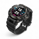 Black rugged smartwatch with digital display showing 16:25, steps, bpm, kcal, & 100% battery. Features 3 side buttons, black textured silicone strap, metallic buckle, and "SPORT WATCH", "WATER RESIST" bezel text. Isolated graphic design.