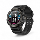 Black rugged smartwatch, textured strap & dark grey case. Digital screen shows 16:25, steps 12035, kcal 2035, bpm 98, 100% battery, "SPORT WATCH", "WATER RESIST". High-quality product render.