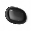 Sleek, glossy black Audífonos Air7 Bluetooth earbud charging case. Pebble-shaped design with a lid line, white LED light, and charging port. Modern, portable for clear sound.