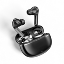 Air7 glossy black wireless earbuds with stems, one in its open charging case featuring metallic details and a white LED. Sleek modern graphic on white.