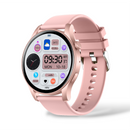 Pink Smartwatch KC88 with rose gold case, circular AMOLED screen showing 09:30 AM, MON 10-18, 24°C, 104 HRV, 10349 steps, 10.28Km. Pink silicone strap. Product render.