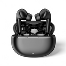 Sleek black Air7 wireless earbuds with glossy finish and stems, in an open, matte black rounded charging case showing a white LED. Product render on white background.