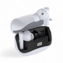 White glossy wireless earbuds in an open charging case with a black interior and an LED display showing "188". One earbud has a subtle blue light. Sleek, modern in-ear design. Graphic render on a white background.