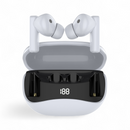 Glossy white wireless in-ear earbuds with stems, standing in their open white charging case. The case has a grey interior, black charging slots, and a digital display showing "188". Product render.