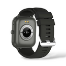 Dark gray rectangular smartwatch with black ribbed silicone strap & silver buckle. Back shows "HEART RATE SENSOR" and "FITNESS TRACKER" text around optical sensor with two green LEDs. Graphic render.