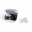 Graphic render of Audífonos Mate 60 Pro. Light gray matte wireless earbuds, one in an open charging case with a "188" digital display, and one beside it. Features sleek plastic design with a blue indicator light.