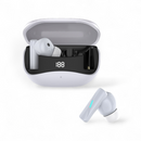 Matte white Audífonos Mate 60 Pro wireless earbuds and their open charging case, displaying "188". One earbud is inside the case, another is detached showing a blue indicator light. Sleek, modern graphic design.