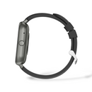 Side profile of a ZL54CJ Reloj Inteligente (smartwatch). It features a gunmetal rectangular case, side button, and dark gray silicone strap with a silver buckle. Graphic design on white.