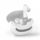 White Audífonos Mate 70 Pro wireless earbuds in their open charging case. The sleek, matte white plastic design features glowing blue LED lights on one earbud and the case, highlighting its modern aesthetic. Graphic design on a white background.