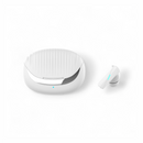 Sleek white Audífonos Mate 70 Pro Bluetooth earbud & ribbed charging case with metallic accent and blue LEDs. Matte finish, Hi-Fi sound. Clean product shot.