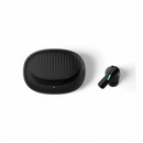 Matte black wireless earbuds and ribbed oval charging case with blue LED indicator lights. The case has a textured top and the earbud features a sleek, glossy design on a white background.