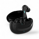 Sleek, glossy black Audífonos Mate 70 wireless earbuds and open charging case on white. One earbud stands, showing a blue light, similar to the case's blue indicator. Modern design.