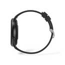 Smartwatch ZL73J, side view. Matte black watch case with two round buttons, paired with a textured black silicone strap featuring two keepers and a silver buckle. Presented as a graphic design on a white background.