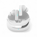 White Audífonos Mate 70 Pro Bluetooth 5.3 earbuds with glowing blue LEDs, partially out of their glossy white charging case, on a pure white background. Studio render.