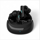 Matte black Audífonos Mate 70 wireless earbuds, with blue indicator lights, standing in their open sleek charging case. Modern plastic design on a clean white background.
