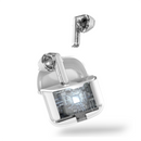 Audífonos J225. White wireless earbuds, one floating above its open case. Both feature sleek transparent panels revealing internal circuitry, a glowing chip, and metallic accents. Graphic render.