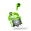 Bright green transparent J225 wireless earbuds & charging case. One earbud floats above the open case, which reveals its internal circuit board and chip through a clear bottom. Graphic render on white background.