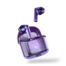 Translucent purple J225 wireless Bluetooth earbuds with glossy finish. The open charging case reveals internal circuitry, with one earbud floating above. Graphic design on white.