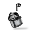 J225 Bluetooth earbuds. Transparent dark grey plastic stem-style earbud floats above its open, clear charging case, revealing internal circuits. Modern 3D render for HD sound.