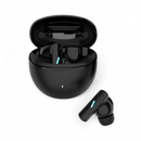 Sleek, matte black "Audífonos Mate 90" wireless earbuds. Open charging case holds one earbud, another lies nearby, both with blue indicator lights. Graphic design on white.