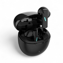 Sleek black Audífonos Mate 90 Bluetooth 5.3 wireless earbuds in a glossy open charging case, one earbud upright with a blue indicator light. Studio shot.