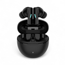 Matte black Audífonos Mate 90 wireless earbuds with blue indicator lights, nestled in their open charging case on a white background. This is a graphic render.