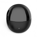 Audífonos Mate 90 earbud charging case, matte black base, glossy domed lid, white indicator light. Minimalist, smooth, spherical design. Product render on white.