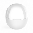 White spherical earbud charging case with a glossy top and a less reflective, smooth bottom, divided by a horizontal seam. Subtle front indicator light. Minimalist 3D graphic design.