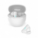 Matte white "Audífonos Mate 90" wireless earbuds. One earbud with a blue LED is outside its open, oval charging case; another earbud is inside. Clean product render.