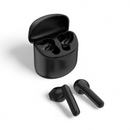 Sleek matte black J220 Bluetooth 5.3 wireless earbuds with red indicator lights, lying next to their open charging case on a white background. Modern, rendered design.