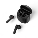 Matte black wireless in-ear earbuds with red indicator lights, alongside their open charging case, shown on a white background. Modern, stem-style design. Graphic render.