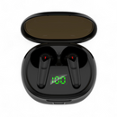 PRO 50 black wireless earbuds in open glossy case with green LED "100" battery display. Sleek design, red indicator lights. Studio render on white.