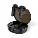Open black PRO 50 wireless earbuds case with transparent lid, showing two glossy black stem-style earbuds charging. A green LED display reads '100' inside, and a USB-C port is visible on this clean product shot.