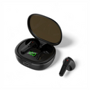 Black PRO 50 wireless earbuds in an open glossy charging case on white. The case displays a green '100' LED charge, with one earbud removed. Each earbud features a red indicator light, reflecting a modern, sleek design.