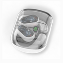 White OWS-80 open-ear earbuds with a curved design, displayed in their clear transparent charging case. A green "100" digital battery indicator is visible. Modern plastic graphic render.
