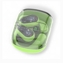 Lime green OWS-80 wireless earbuds with transparent circuit design, inside a clear charging case featuring a green base and digital "100" display. Open-ear style product render.