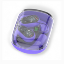 Purple OWS-80 wireless earbuds in a transparent charging case with a matching purple base. Earbuds show visible circuits, red lights, and a digital '100' and '65' display. Graphic design on white.