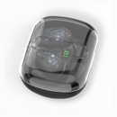 OWS-80 wireless earbuds in a transparent dark gray charging case. Dark earbuds with visible internal circuitry are inside. A green digital display shows '100'. Modern, sleek studio render.