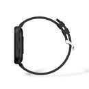 Black ZL99J smartwatch, side view. Features a rectangular black case, red-accented button, matte black rubber strap, and silver buckle. Sleek water-resistant design. Rendered graphic on white.