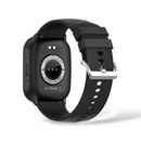 Black smartwatch back, showing a circular heart rate sensor, "HEART RATE SENSOR" and "FITNESS TRACKER" text. Features a black textured silicone strap with a silver buckle. CE RoHS marked. Graphic design.