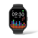 Black rectangular smartwatch with black silicone strap, displaying "09:30 MON AM", connectivity, full battery, and a vibrant equalizer graphic on its screen. Sleek graphic design.