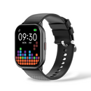 Black rectangular smartwatch with a textured silicone strap and silver buckle. Its digital screen displays 09:30, MON AM, battery level, and colorful equalizer bars. This sleek, modern graphic design highlights a water-resistant device.